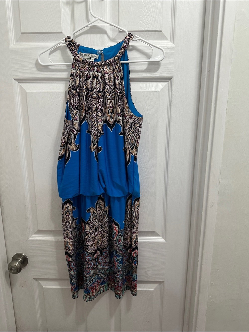 Maggy London Purple, Black, Cream, Tan Patterned Dress with Turquoise Lining